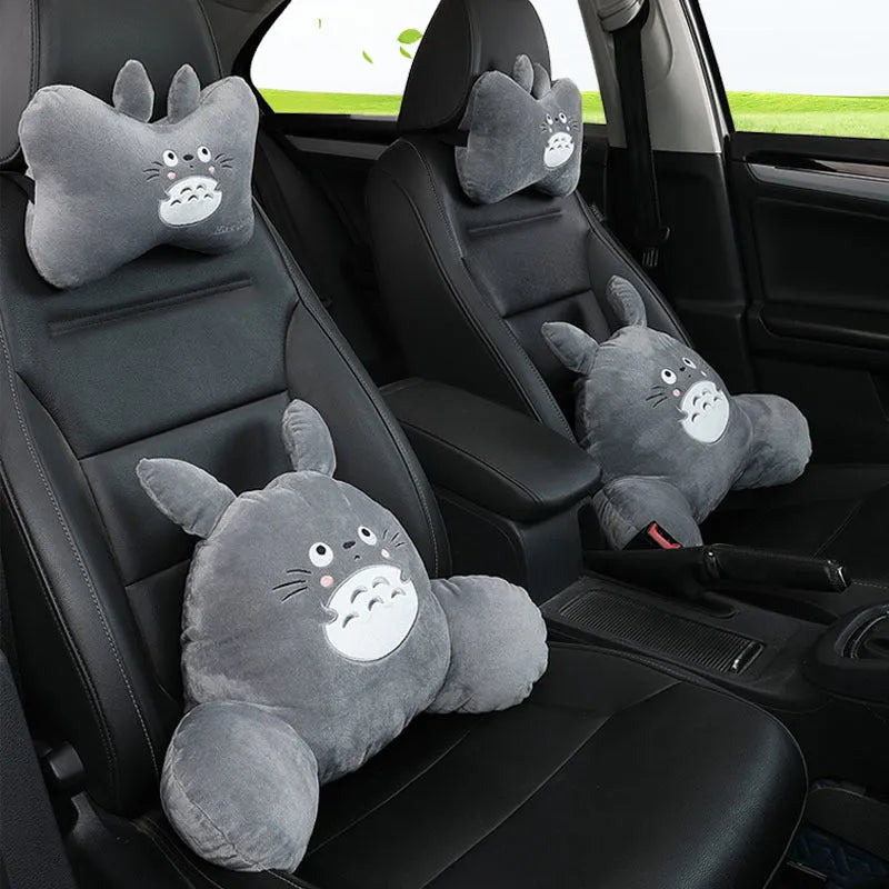 Cartoon automotive headrest and lumbar pillow set with wool filling and natural fibre cover