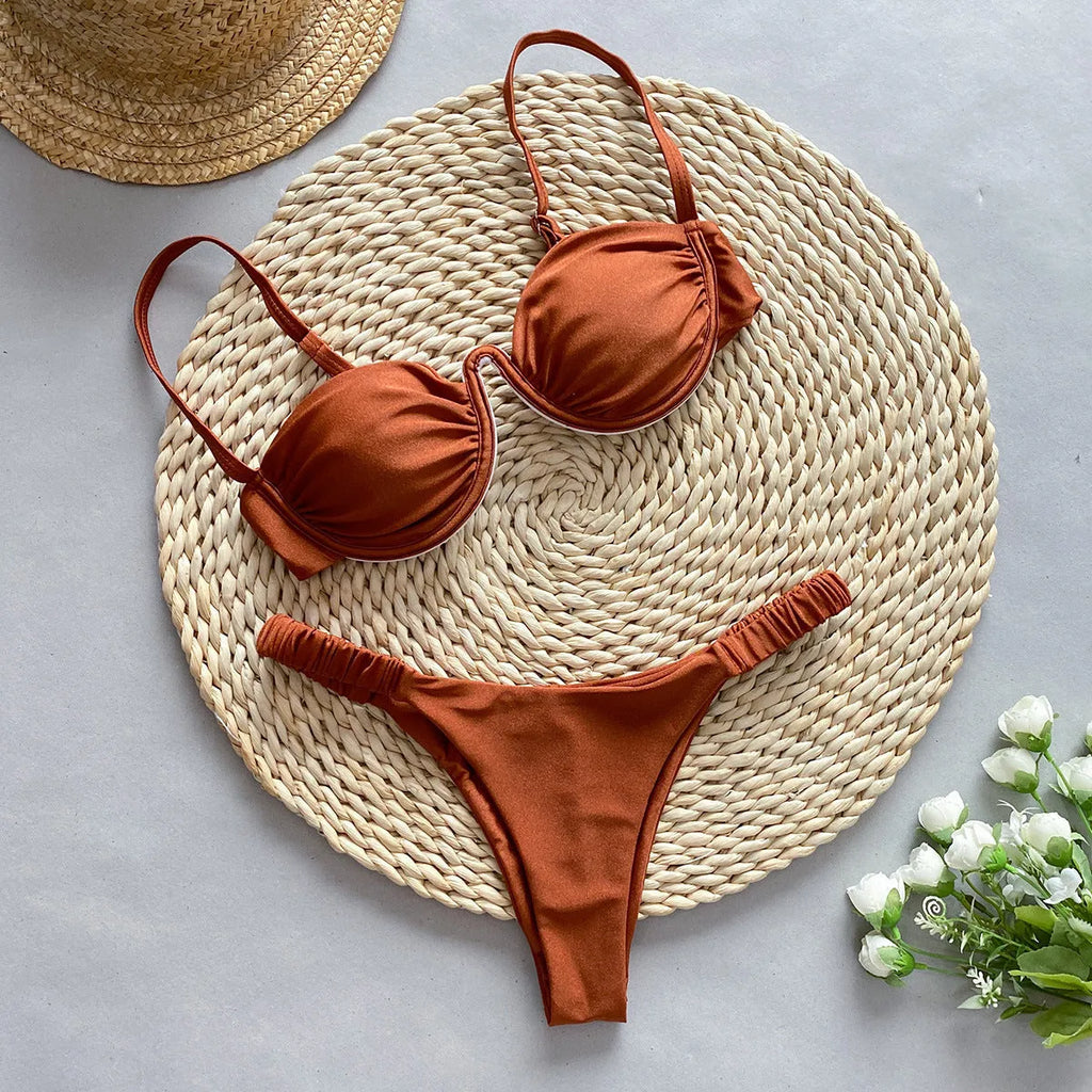 Women's underwire bikini swimsuit set in Khaki, White, or Black colours.