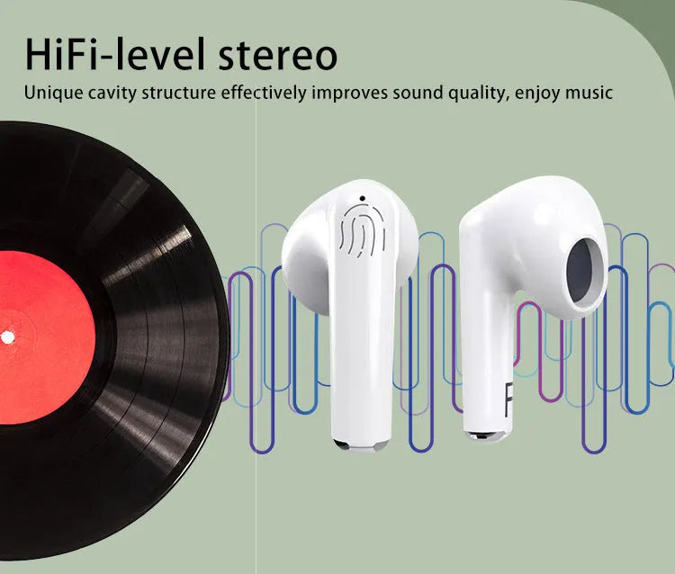 White wireless Bluetooth earphones with semi-in-ear design and a matching white charging case with 32GB storage.