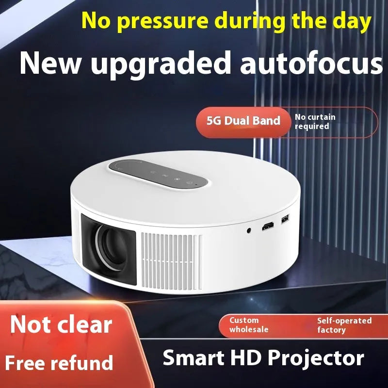 White 720p HD home theatre projector with remote control on wooden surface