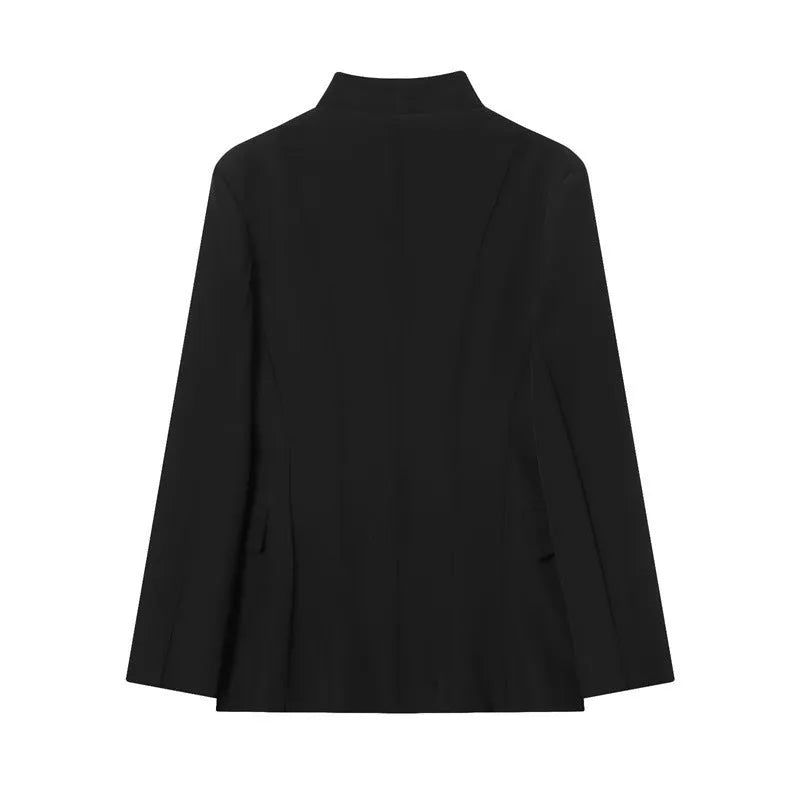 Women's black slim-fit long-sleeved suit jacket, polyester blend, solid colour, sizes XS to L