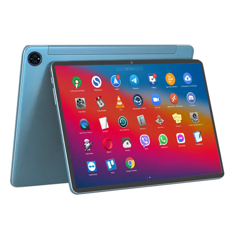 10 inch bare metal blue business tablet pc with screen, shown alongside included charger and accessories.