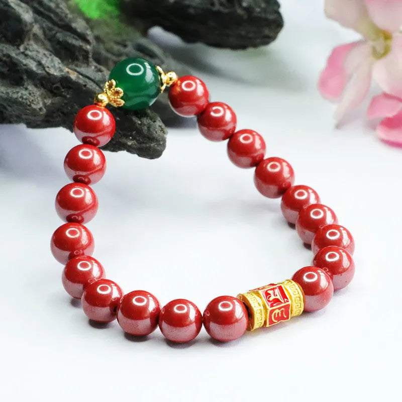 Emperor sandstone cinnabar bracelet with six-word Buddhist motto on adjustable band