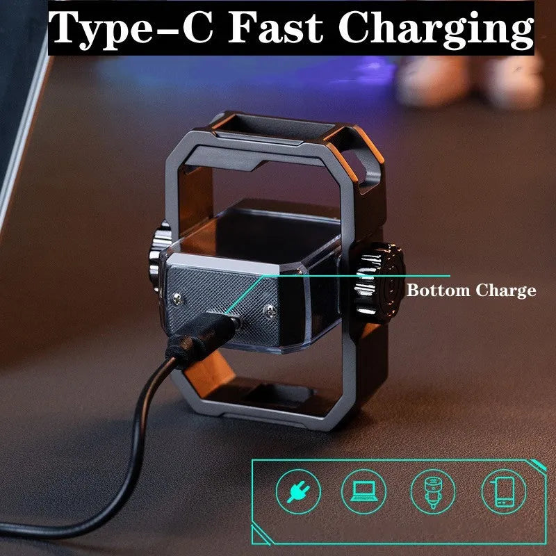 Blue windproof USB-C rechargeable Pulse Lighter with a visible double arc and mechanical gyroscope detail.