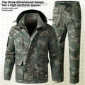 Men's camouflage outdoor casual jacket suit in green, long sleeves, synthetic fibre blend, coat and pants set