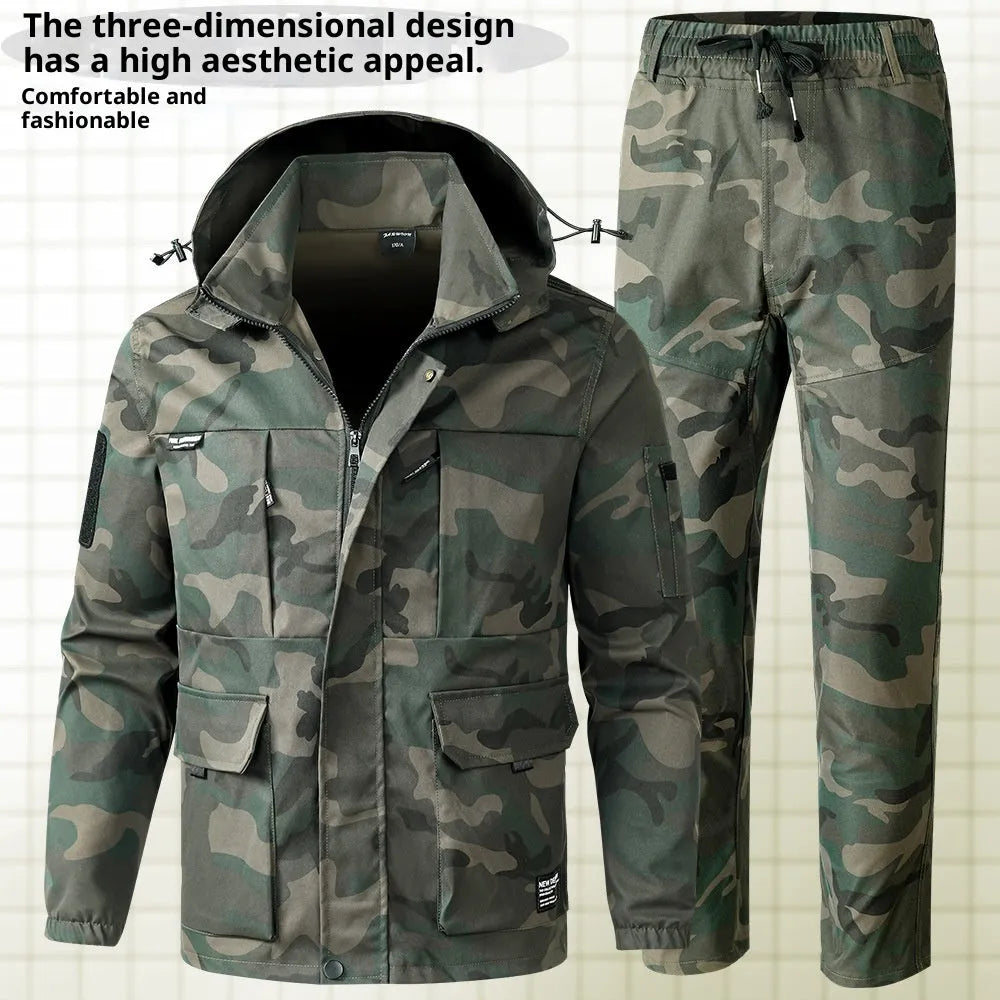 Men's camouflage outdoor casual jacket suit in green, long sleeves, synthetic fibre blend, coat and pants set