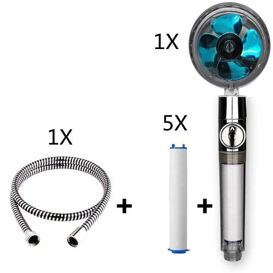 Blue handheld shower head with stop button and turbo nozzle on a chrome bracket.