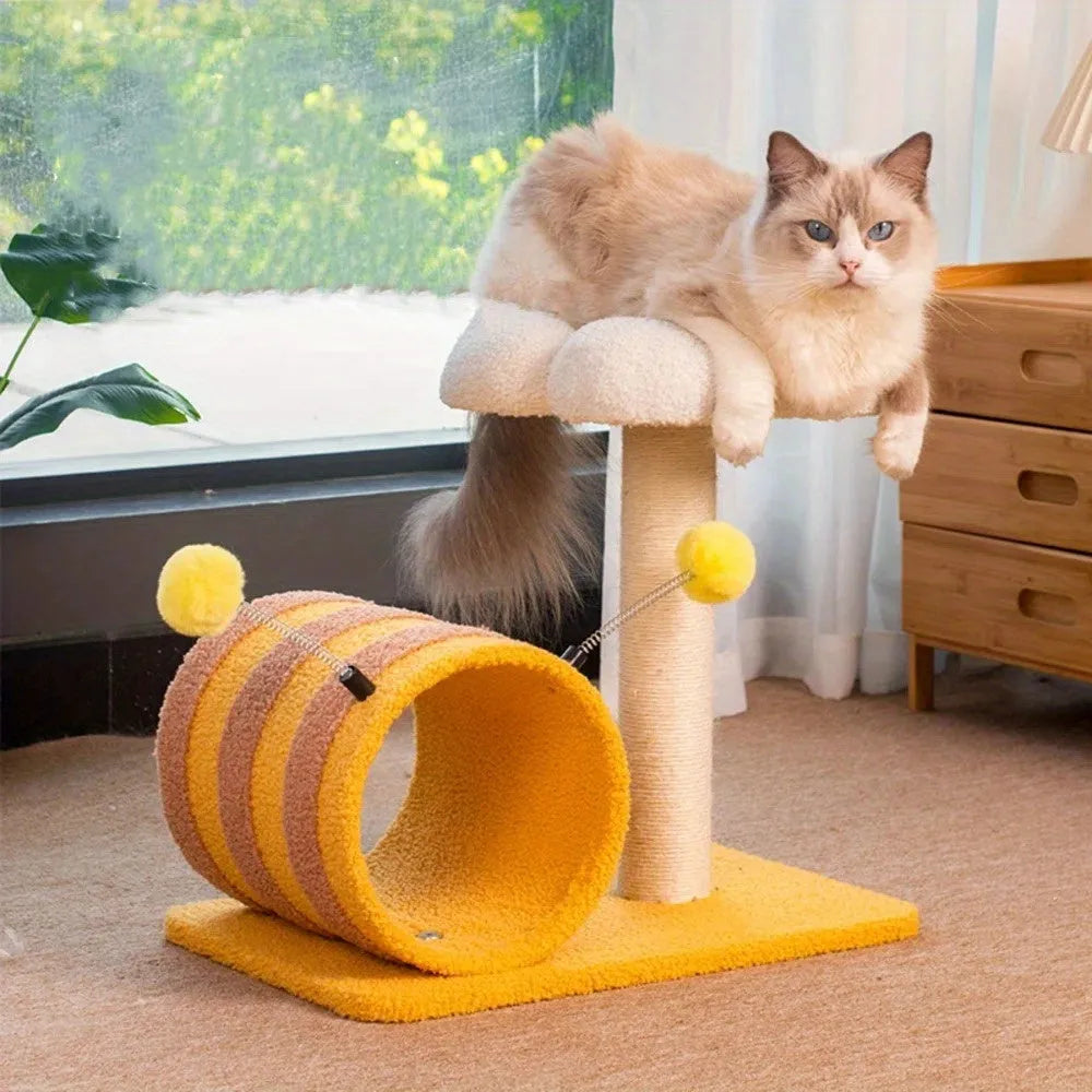 Yellow four-in-one cat tree with sisal scratching post and built-in tunnel.
