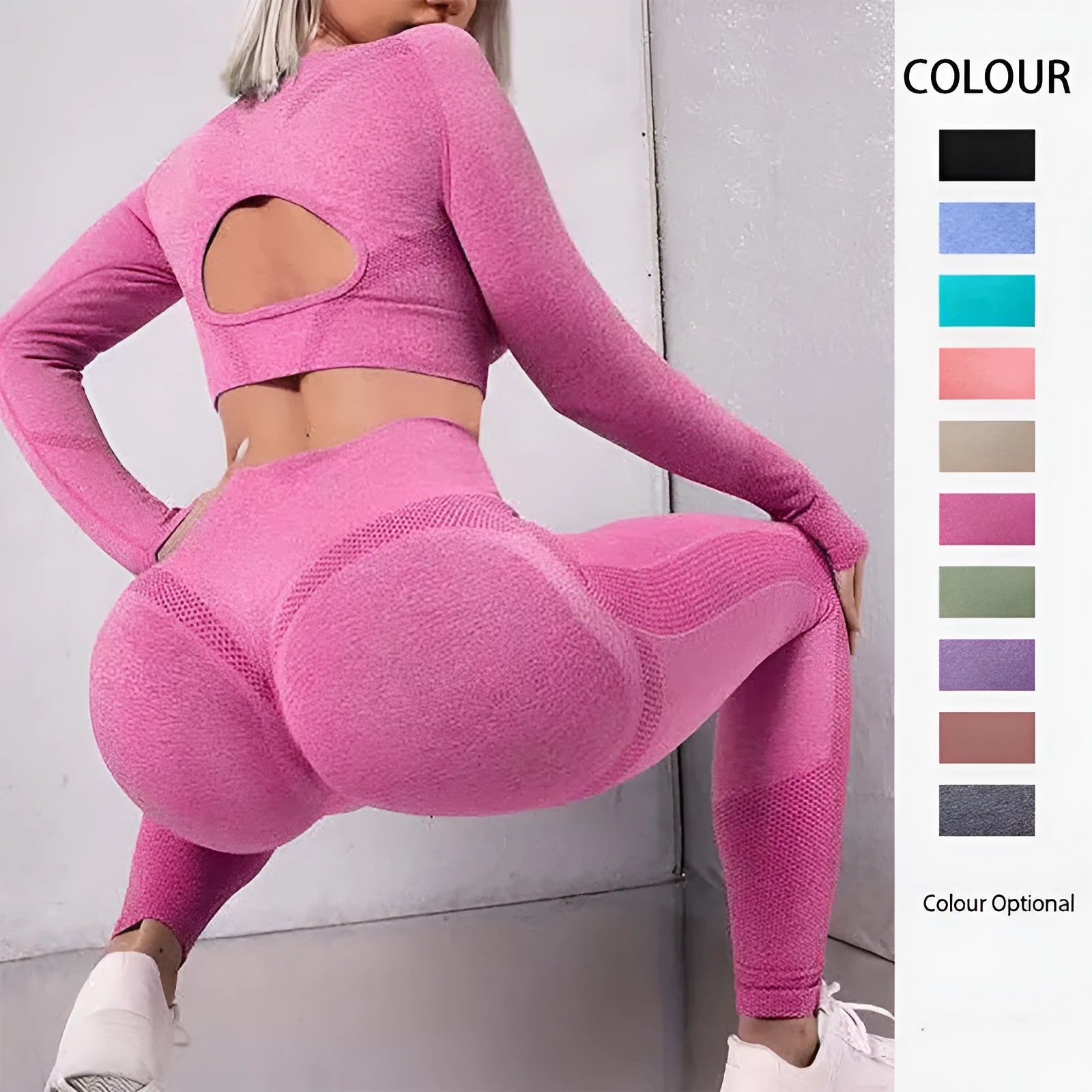 Women's 2-piece sports suit with long sleeve hollow design top and high waist seamless leggings in army green