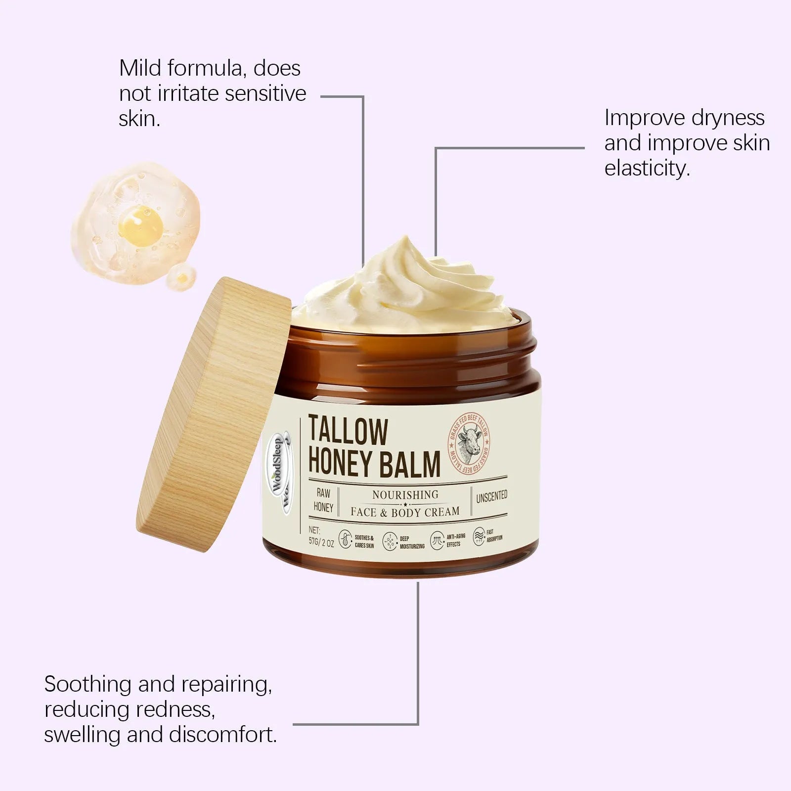 Jar of tallow honey moisturising cream for dry skin, 57g