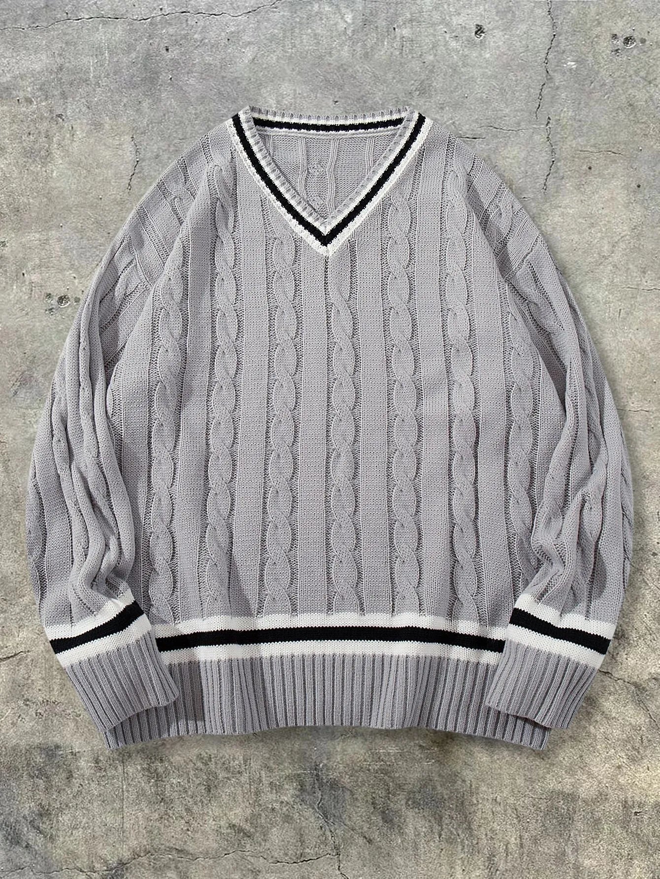 American collegiate style V-neck acrylic sweater in white, loose fit, pullover design for men