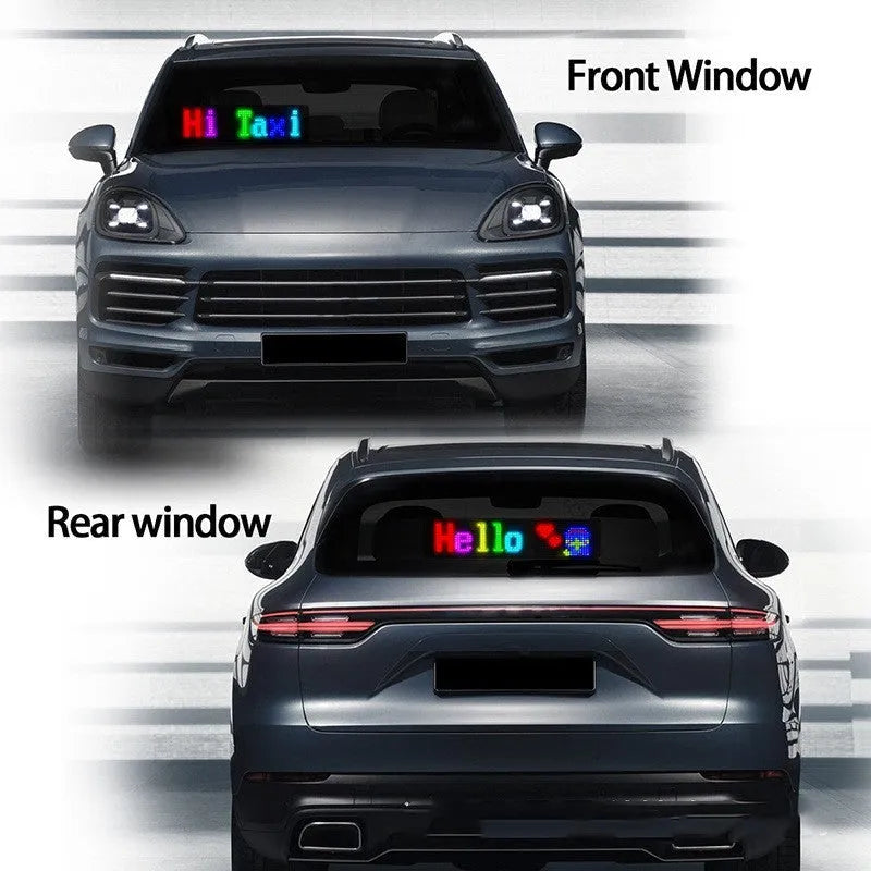 Programmable full-colour LED car sign with flexible bendable screen showing custom animation display