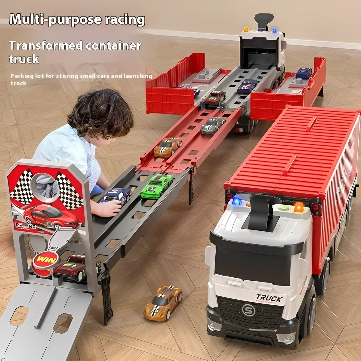 Children's deformation catapult truck rail car toy in plastic with red, blue, or yellow container truck and metal cars