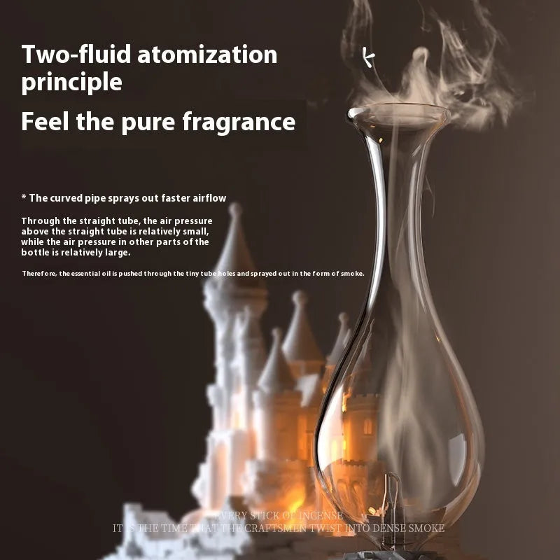 White medieval castle design waterless aromatherapy machine with ambient light on a wooden surface.