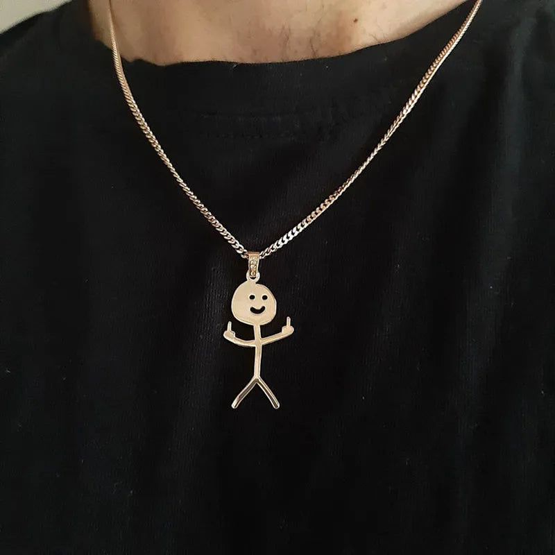 Stainless steel funny doodle smiley stick figure middle finger pendant necklace on link chain