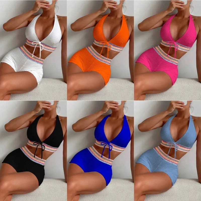 Women's high-waisted bikini suit in striped and solid colours