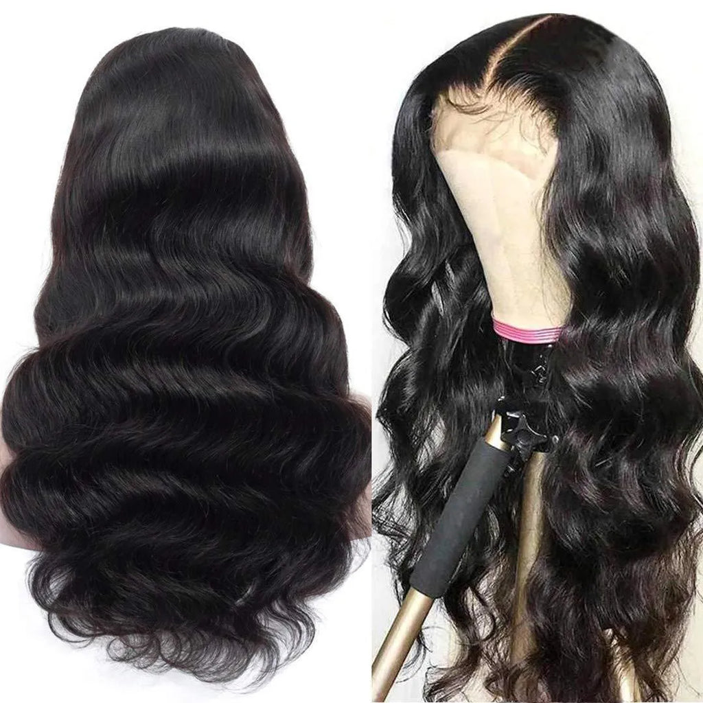 Natural human hair wig in black colour machine-made construction medium length ladies wig