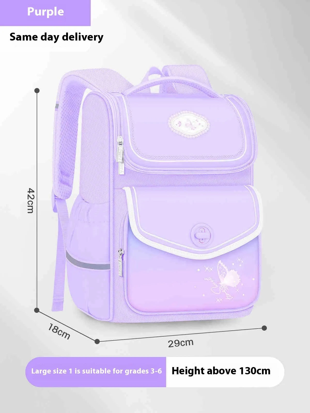 Girls' waterproof Oxford cloth school backpack in pink, purple, or green colours for primary students aged 3-6
