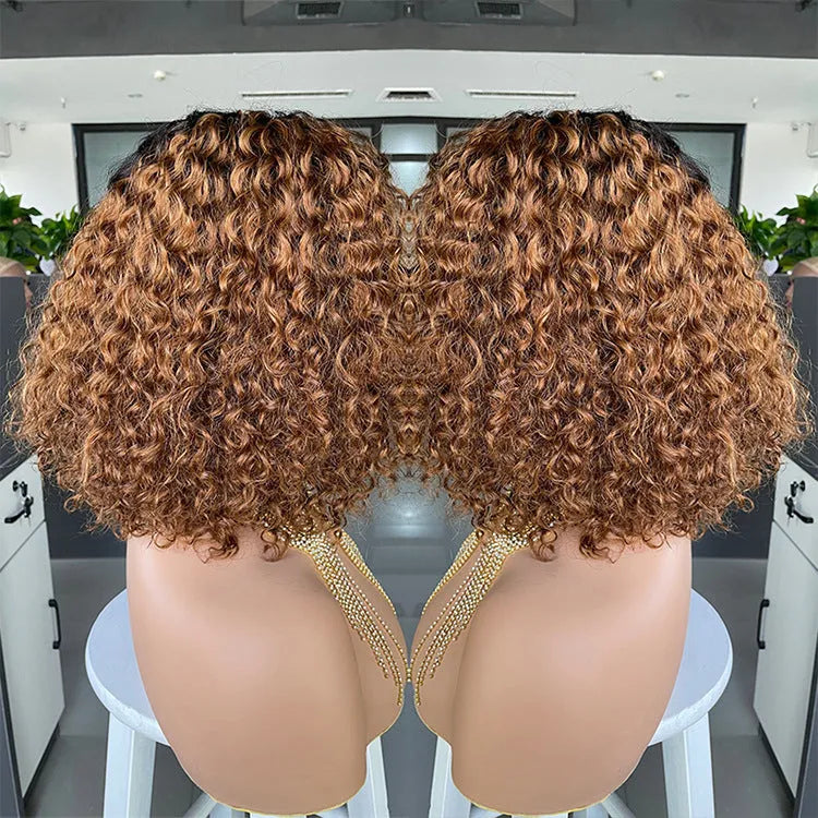 Ombre curly bobo 1b30 human hair lace wig in black with oblique bangs on a mannequin