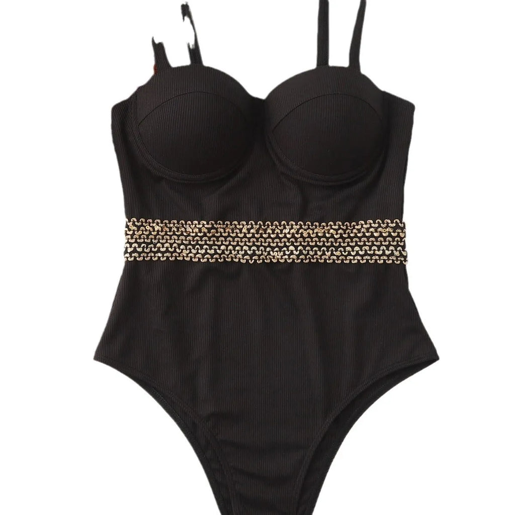 Black one-piece swimsuit for women with adjustable shoulder straps on a mannequin.