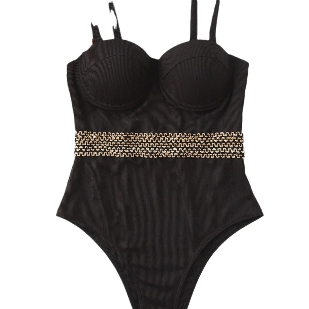 Black one-piece swimsuit for women with adjustable shoulder straps on a mannequin.