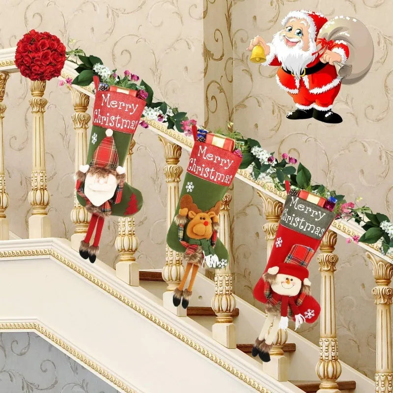 Set of three large red, white, and brown Christmas stockings featuring 3D Santa, Snowman, and Reindeer designs with hanging loops