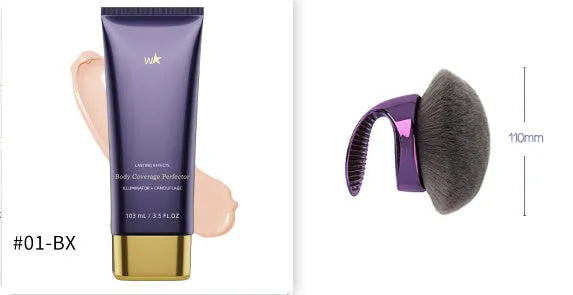 Waterproof body tattoo concealer cream tube and brush in one of seven radiance shades.