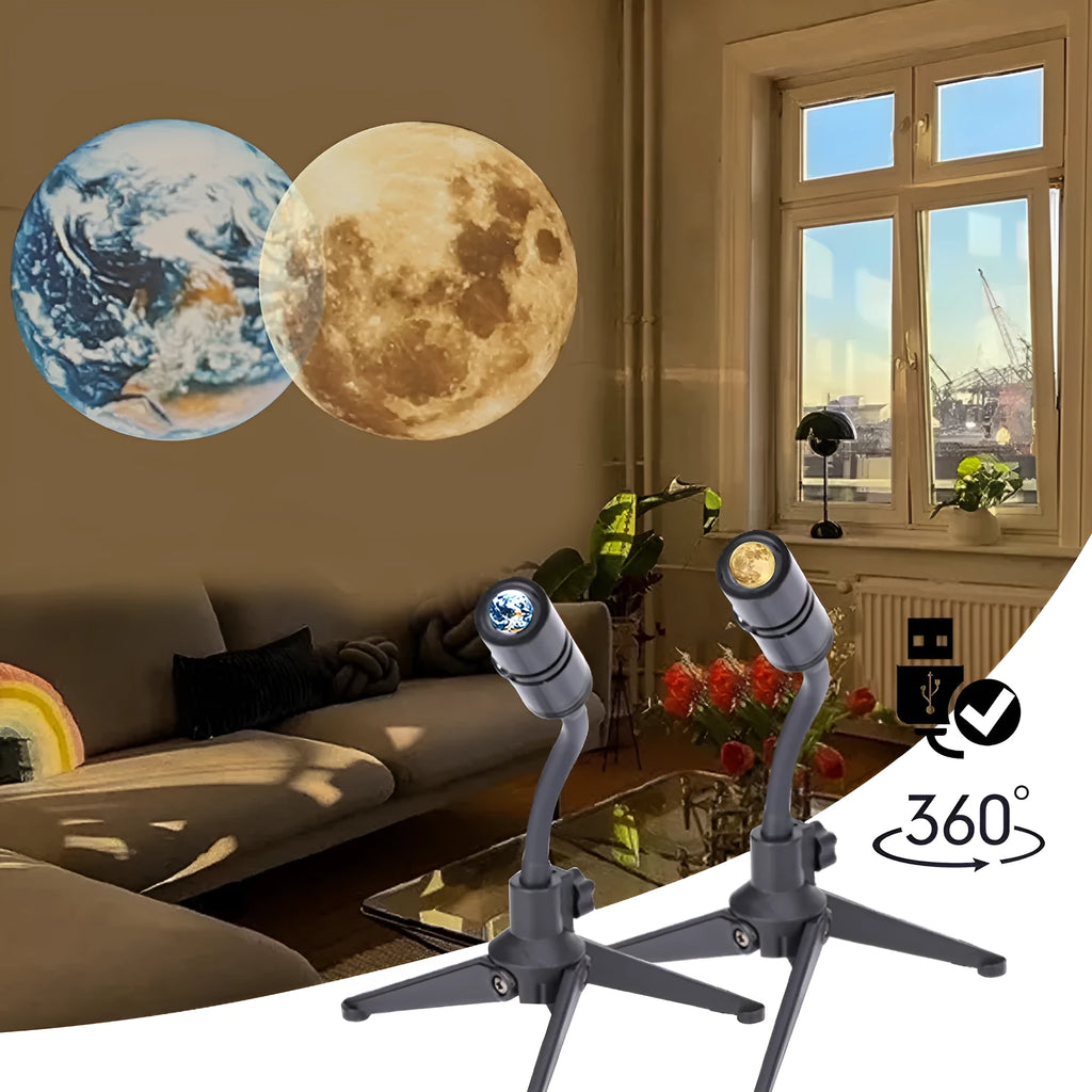 Star projector lamp showing earth projection with adjustable hose bracket