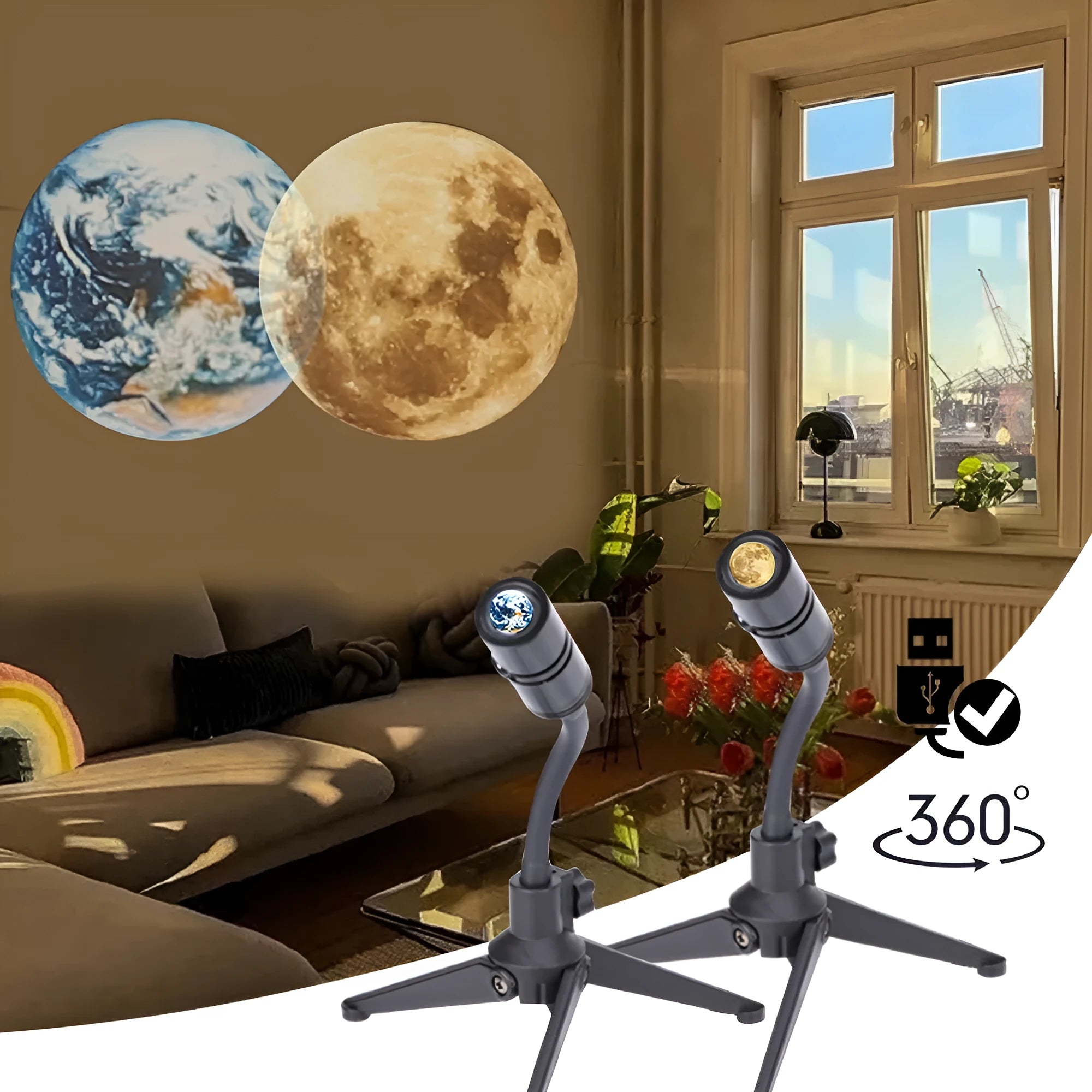 Star projector lamp showing earth projection with adjustable hose bracket