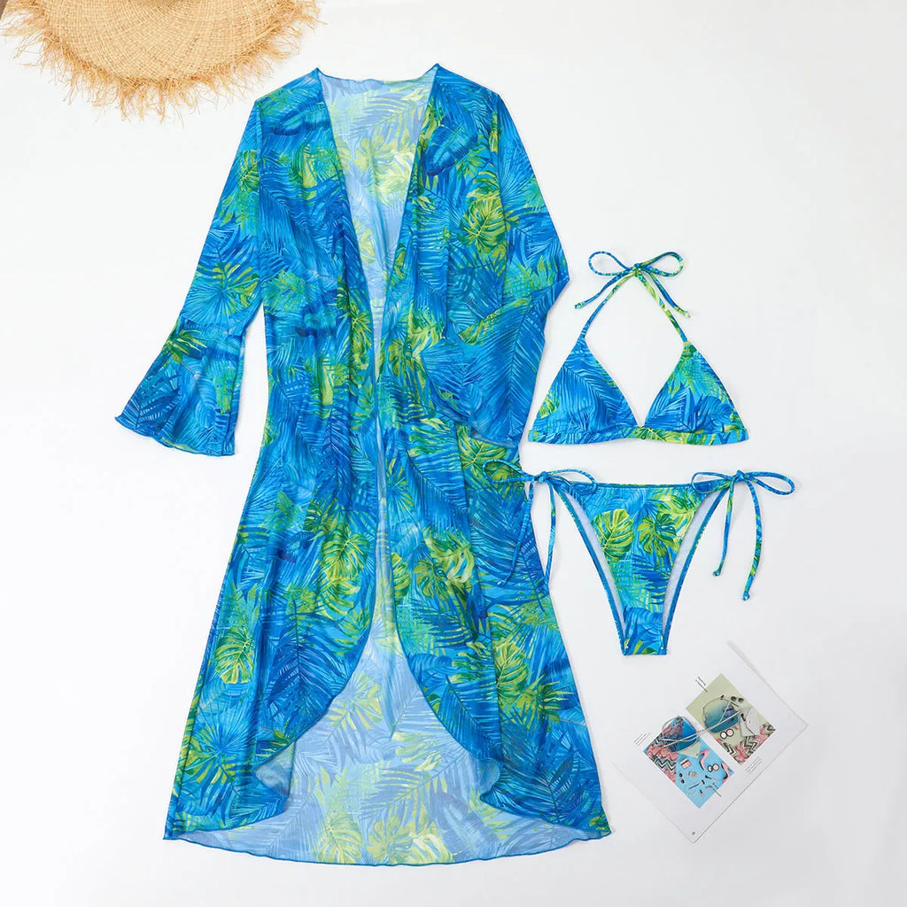 European American split bikini cover beach swimsuit set in green flower pattern with coat top and shorts