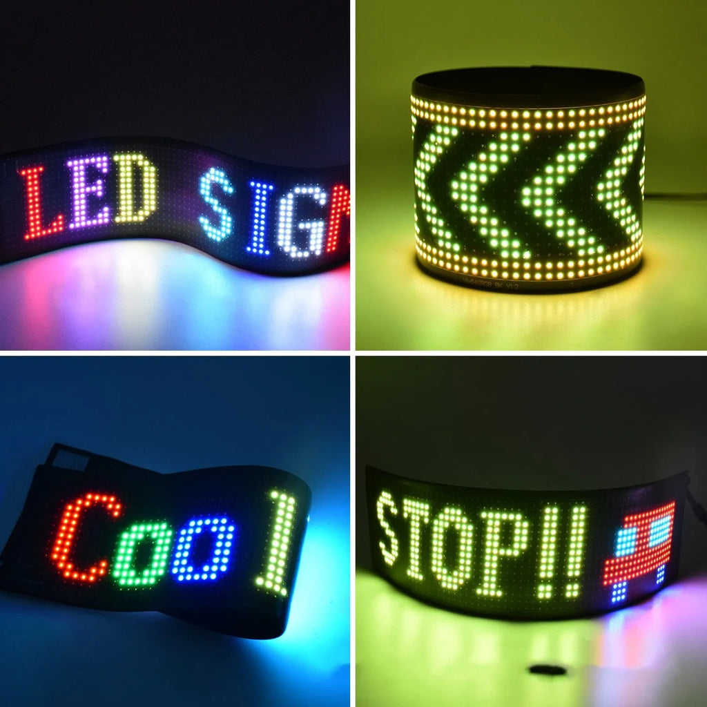 Programmable full-colour LED car sign with flexible bendable screen showing custom animation display