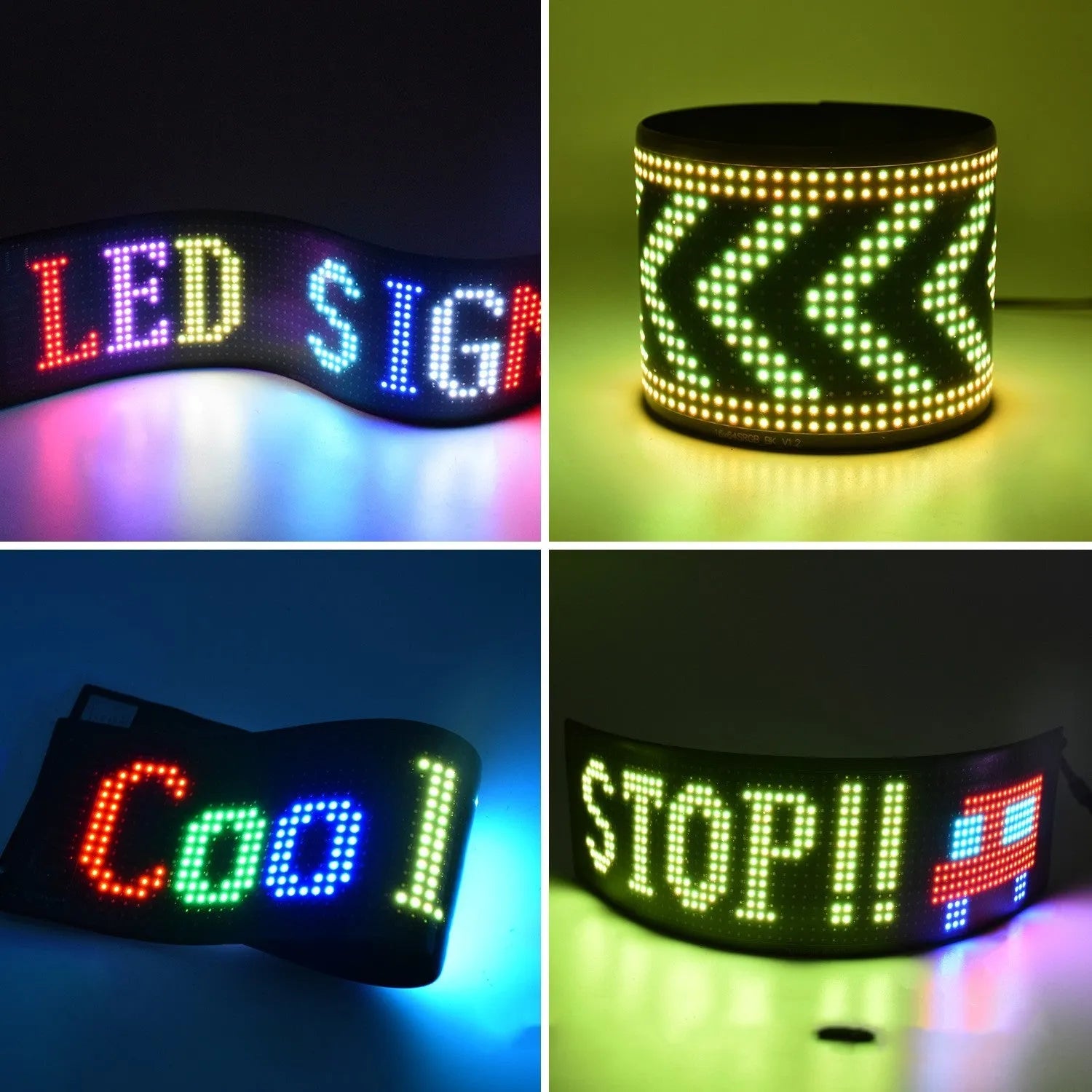 Programmable full-colour LED car sign with flexible bendable screen showing custom animation display