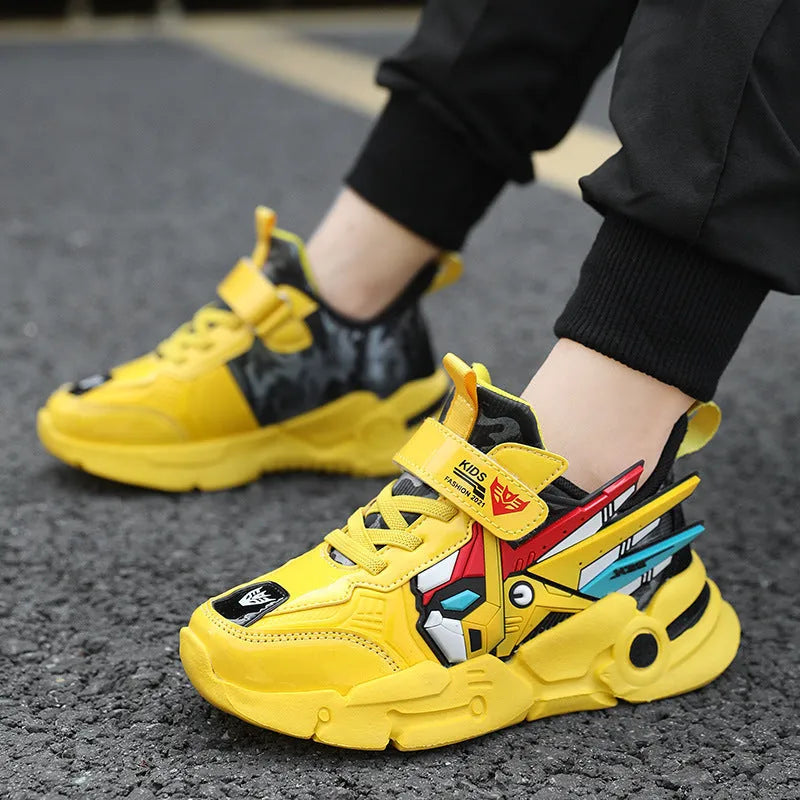 Boy's artificial leather sneakers with Velcro fastening in yellow, black red, or lake blue with cartoon pattern