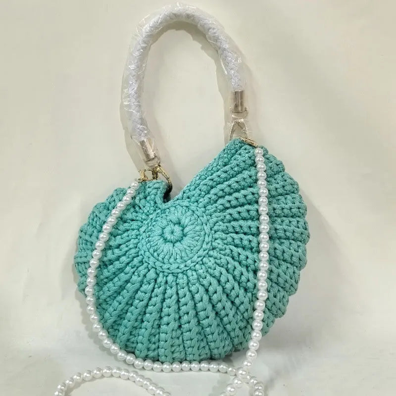 Round handmade woven crossbody bag with pearl chain strap, 25x25cm, polyester, multiple colour options