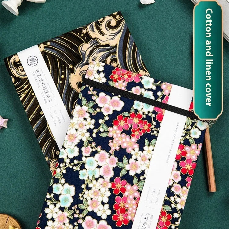 Feiluniao handmade fabric watercolour sketchbook with decorative cover, 185mm long.