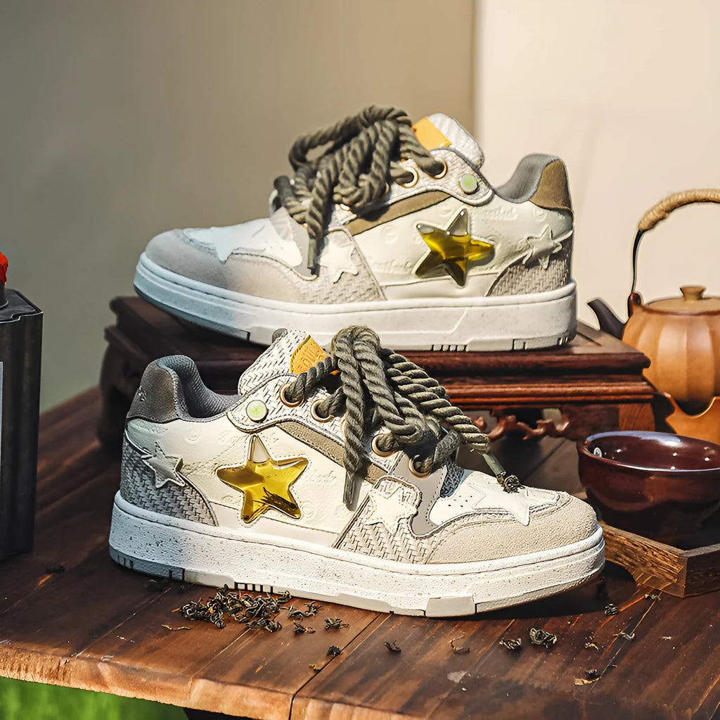 West Lake dragon well tea coloured leather platform running shoes with round toe and English muffin heel