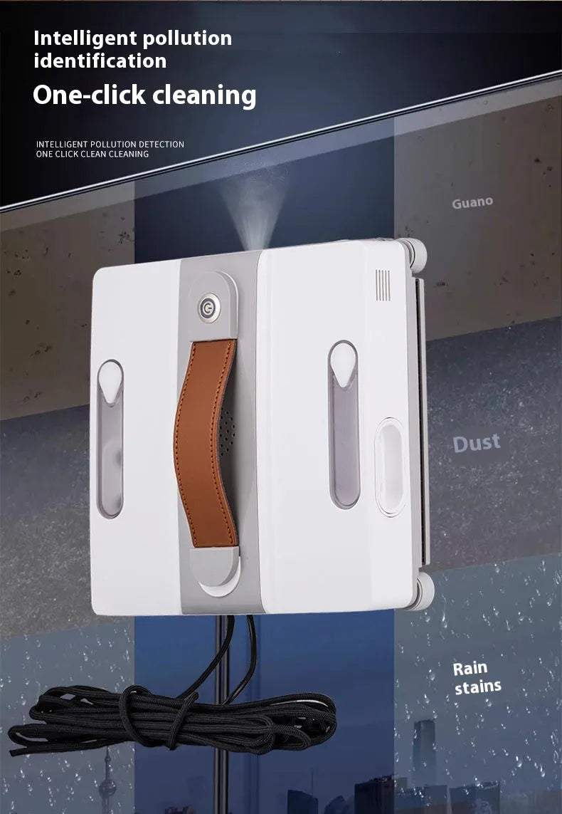 White intelligent window cleaning robot device for automated high-rise window washing.