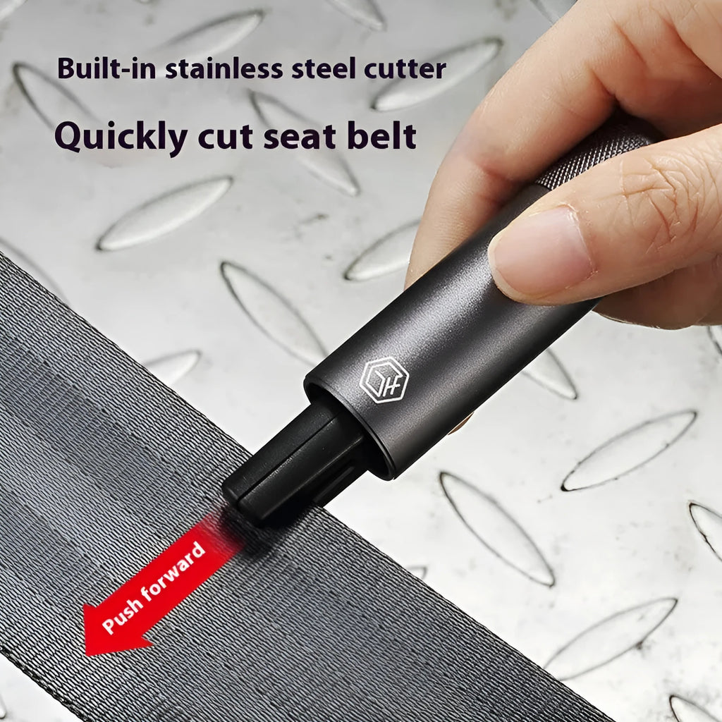 Gun grey automobile safety hammer with bearing steel impact head and seatbelt cutter measuring 87mm