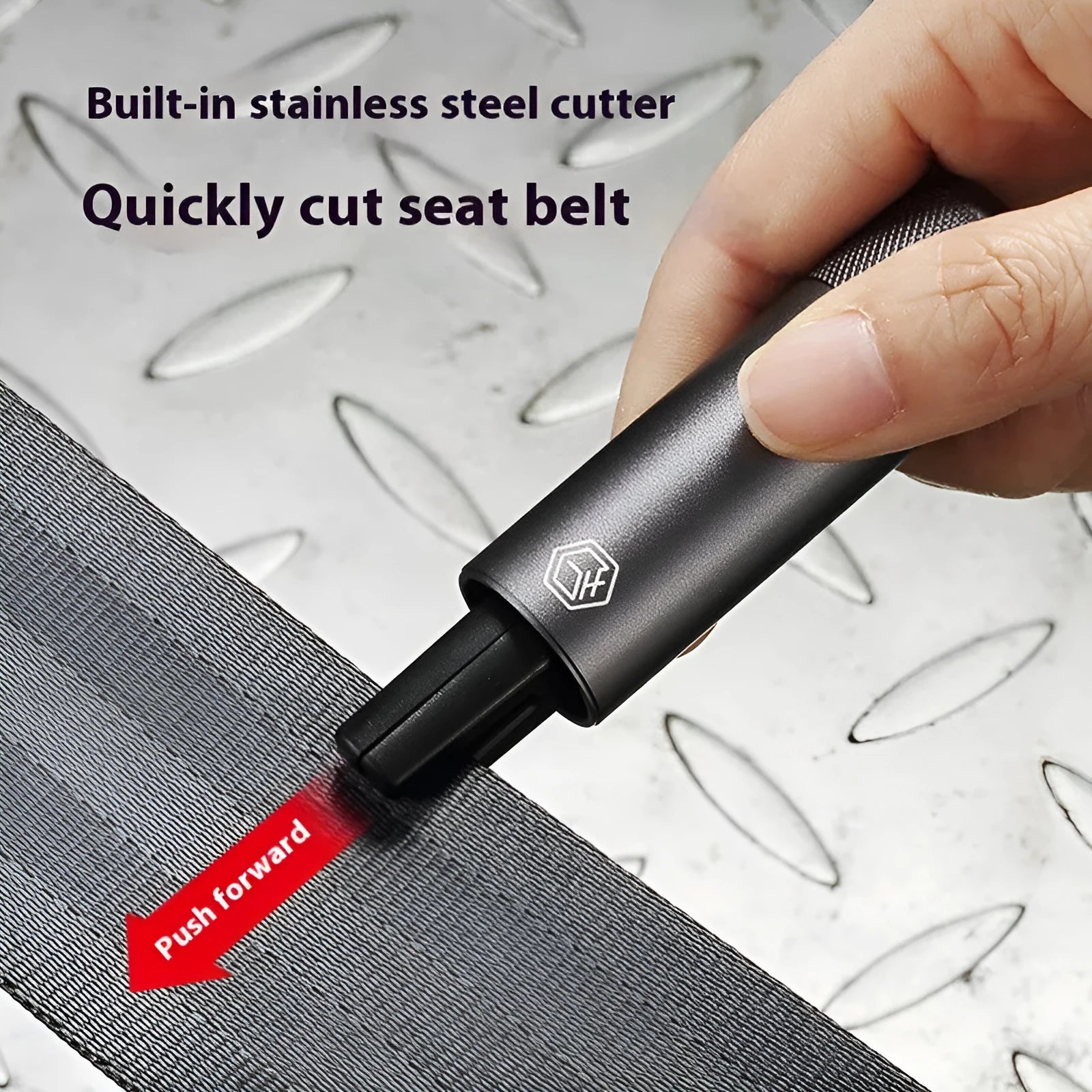 Gun grey automobile safety hammer with bearing steel impact head and seatbelt cutter measuring 87mm