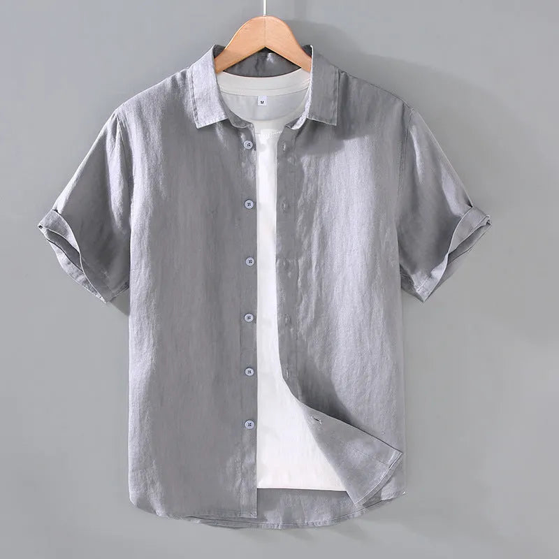 Men's casual short-sleeved linen shirt in cardigan style showing colour options