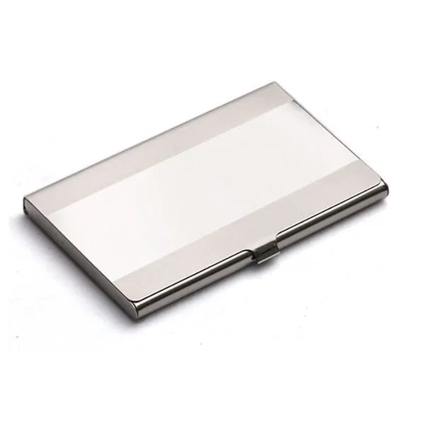 304 stainless steel business card case with geometric laser sculpture design showing horizontal format