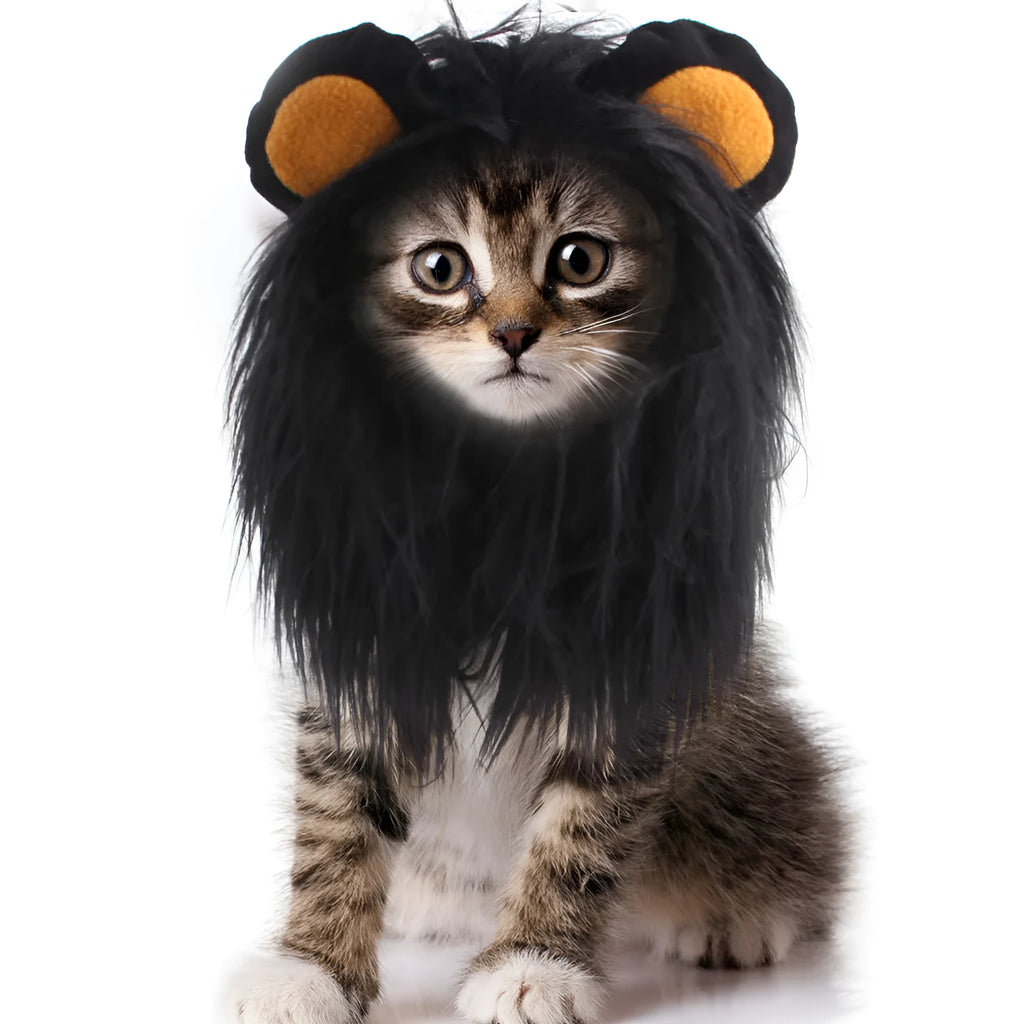 Black and white pet cat lion headgear wig hat costume with elastic chin strap in three size options