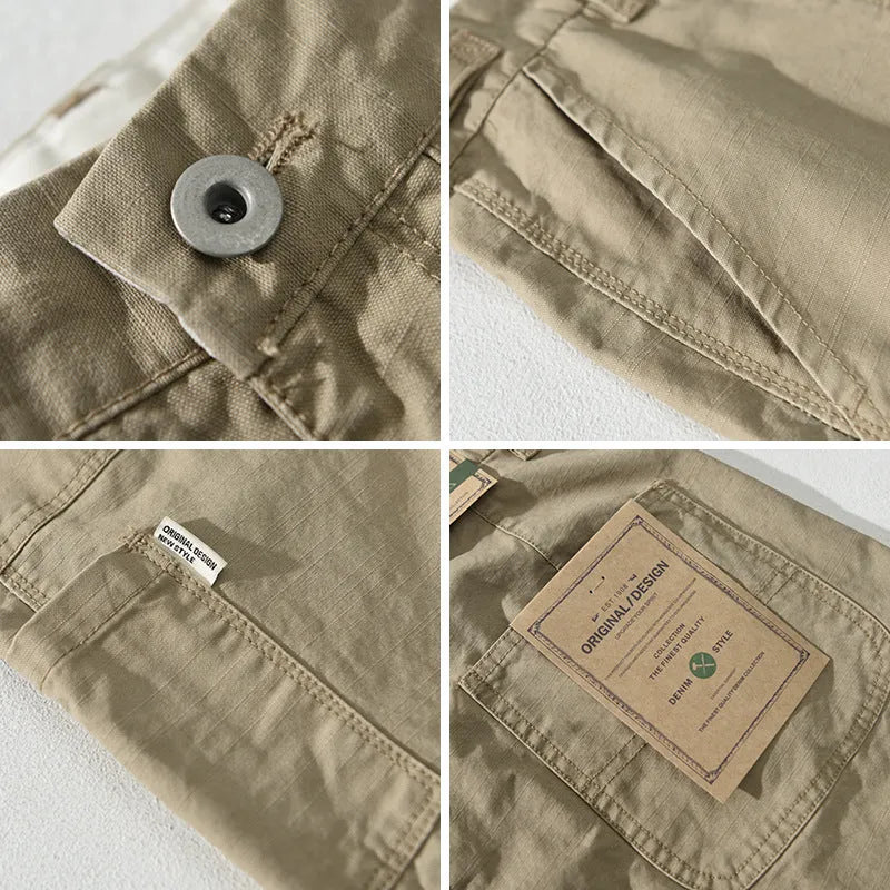 Men's straight fit cotton casual trousers in apricot, shown on a hanger.