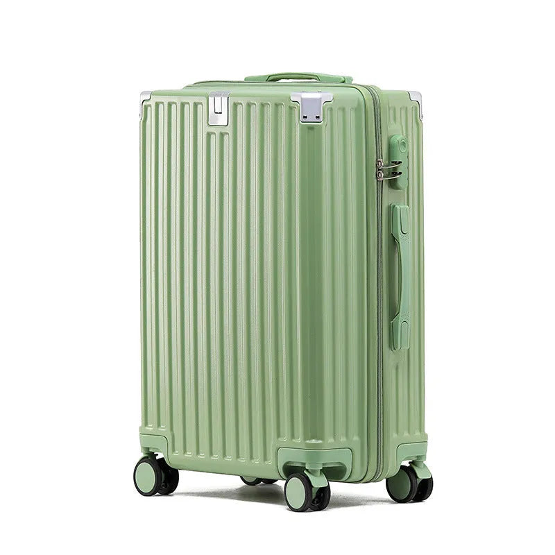 Hard shell aluminium frame luggage in avocado green with USB port and universal wheels.