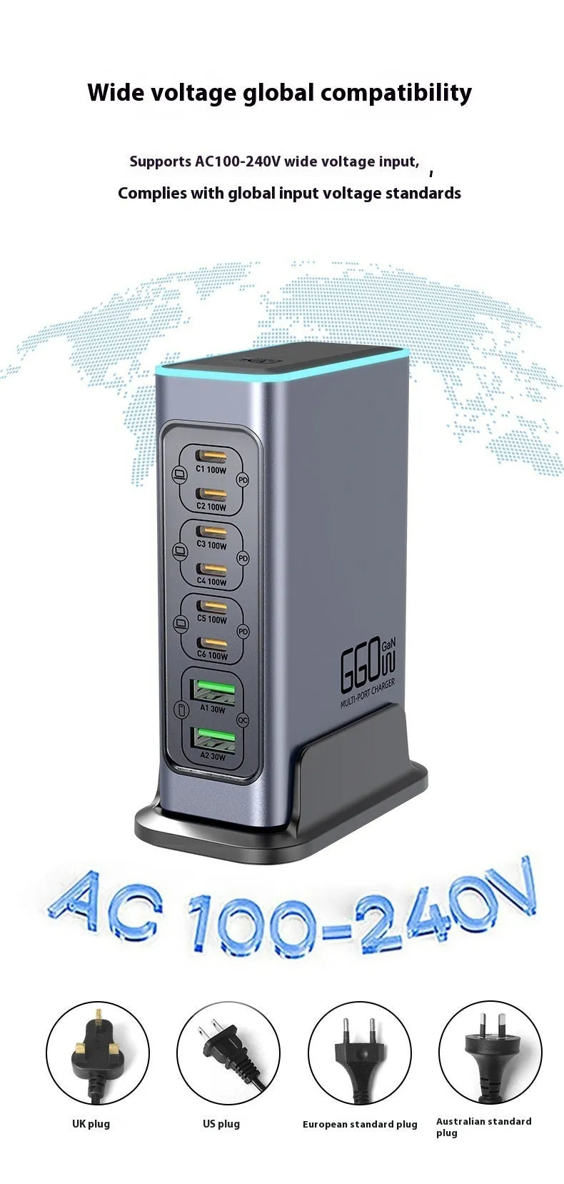 Black 660W Gallium Nitride desktop fast charger with multiple ports and international plug adapters.