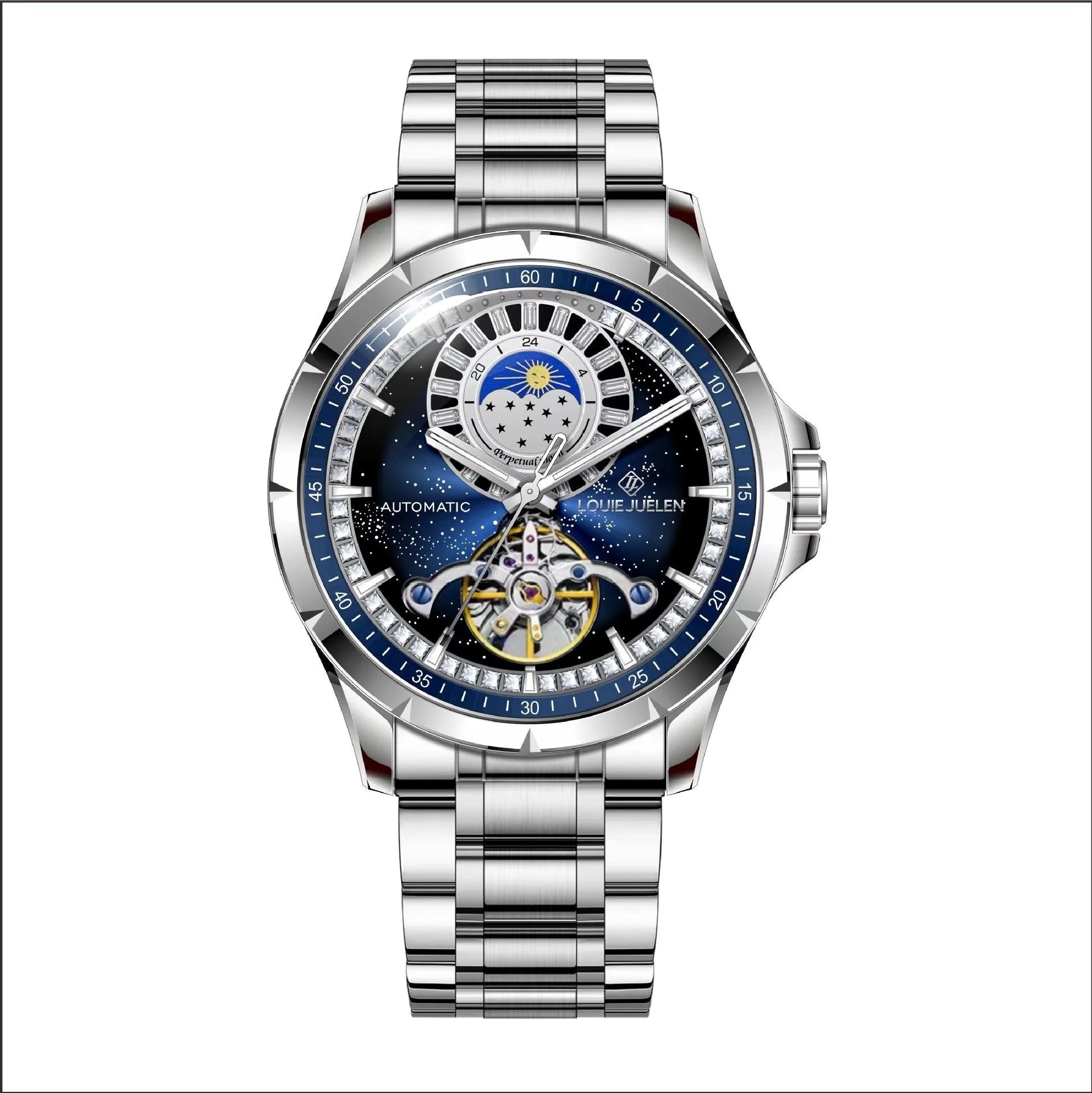 Silver men's automatic watch with a blue dial and stainless steel strap on a wrist