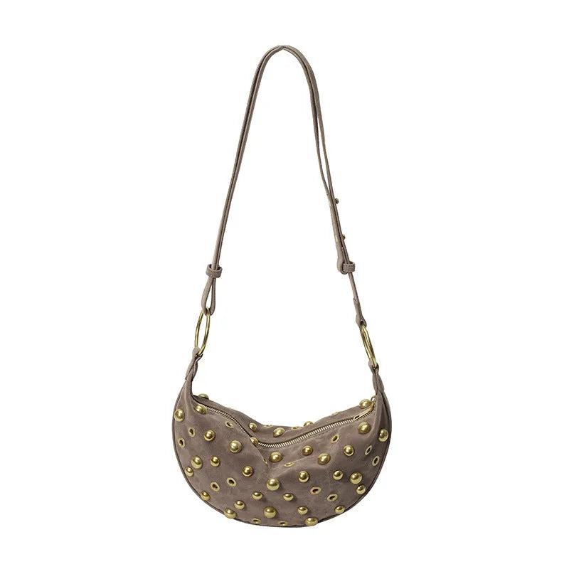 Retro rivet bag in frosted imitation buckskin with suede finish, dumpling shape, single shoulder strap, in khaki colour