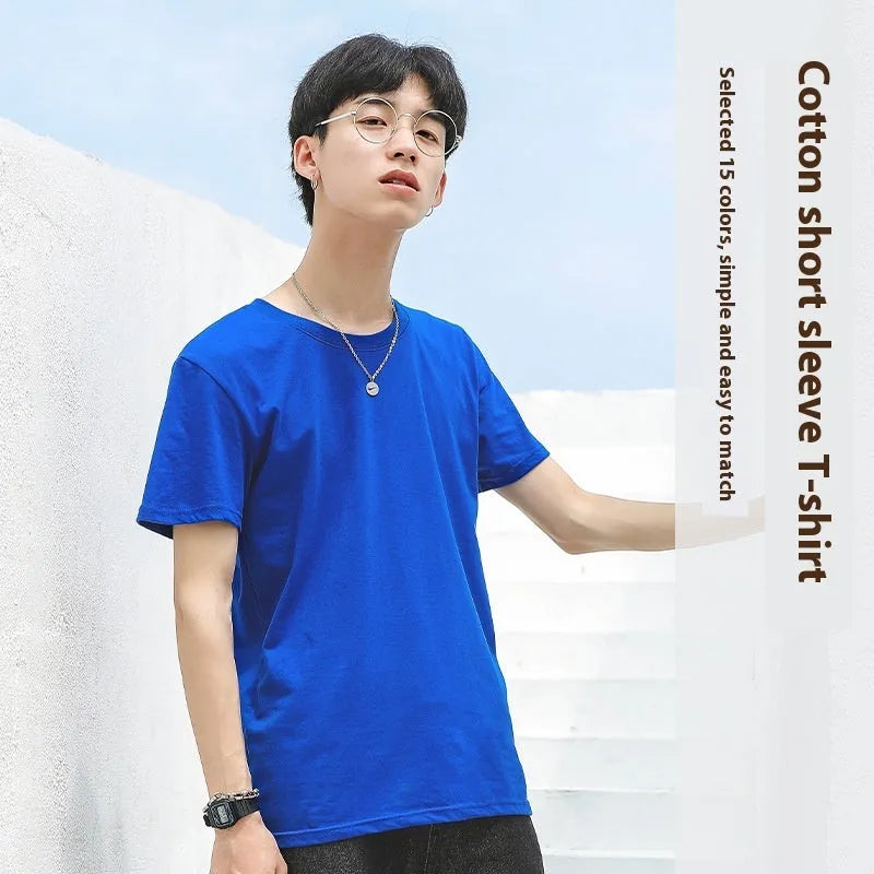 Men's solid colour round neck cotton t-shirt on a hanger, showing the short sleeve and blank front design.