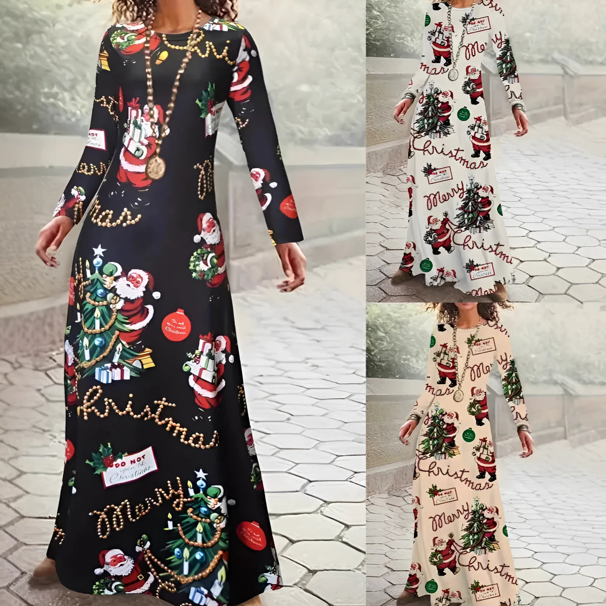 Santa Claus printed round neck long sleeve dress in beige with polyester fabric and leather stitching detail