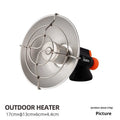 Black and orange portable camping heater stove with automatic ignition on a rocky outdoor surface.